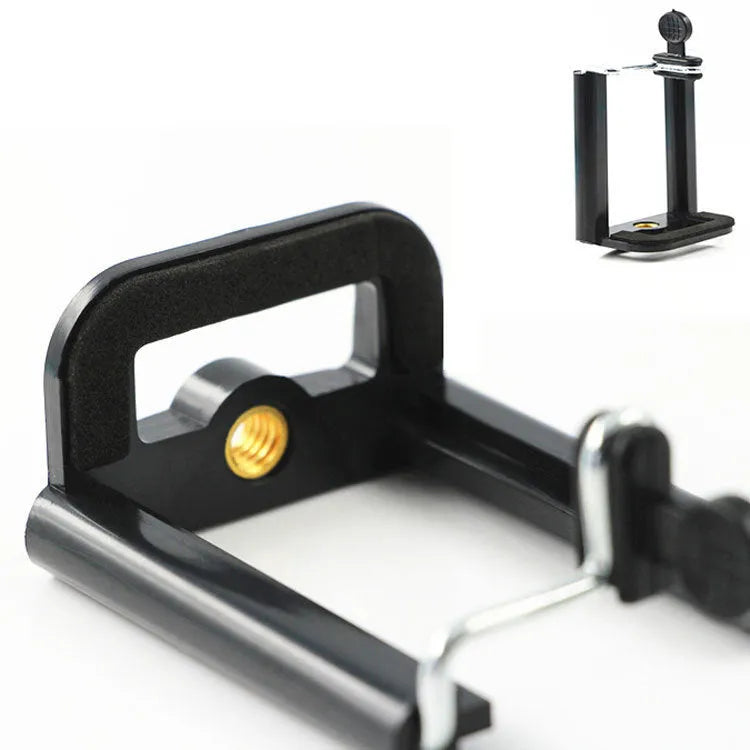 Black plastic U mobile phone clip bracket showing dimensions 8cm x 5cm x 3cm for universal phone attachment