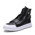 PU leather men's winter ankle boots with microfiber upper in black and white, high-top sneaker style