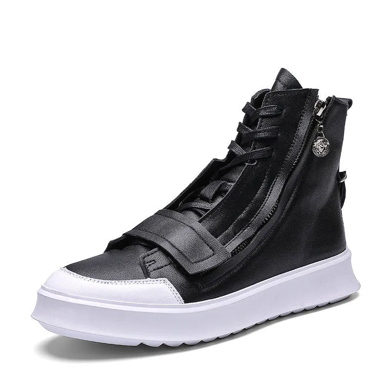 PU leather men's winter ankle boots with microfiber upper in black and white, high-top sneaker style