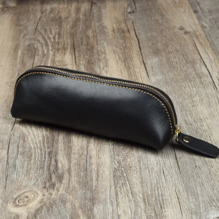 Genuine cowhide leather rectangular glasses and pencil case with a zipper in black, brown, dark brown, or yellow.