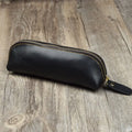 Genuine cowhide leather rectangular glasses and pencil case with a zipper in black, brown, dark brown, or yellow.