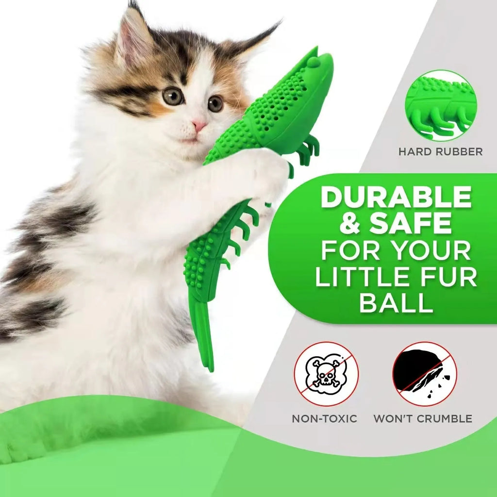 Blue hard rubber cat chew toy with textured surface for dental care during play