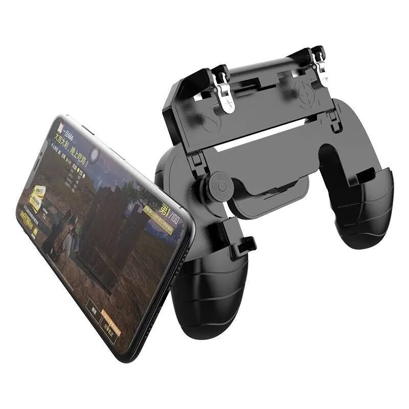 Black telescopic mobile game controller handle holding a smartphone with rubber grips visible.