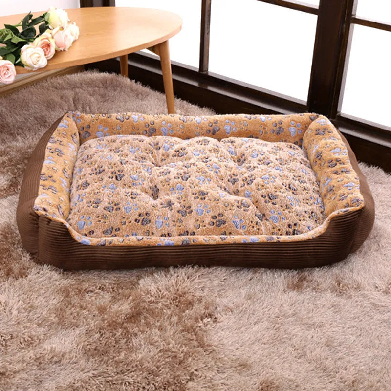 Beige soft plush pet bed for small dogs and cats in a sofa kennel design.