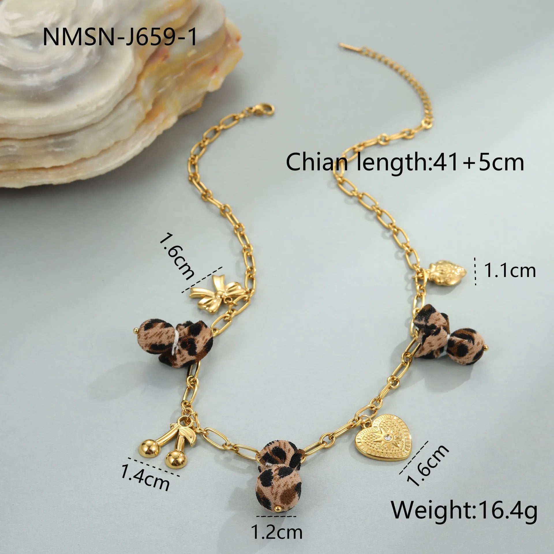 Women's gold-plated stainless steel necklace with leopard, love heart, and flowers pendant on an adjustable chain.