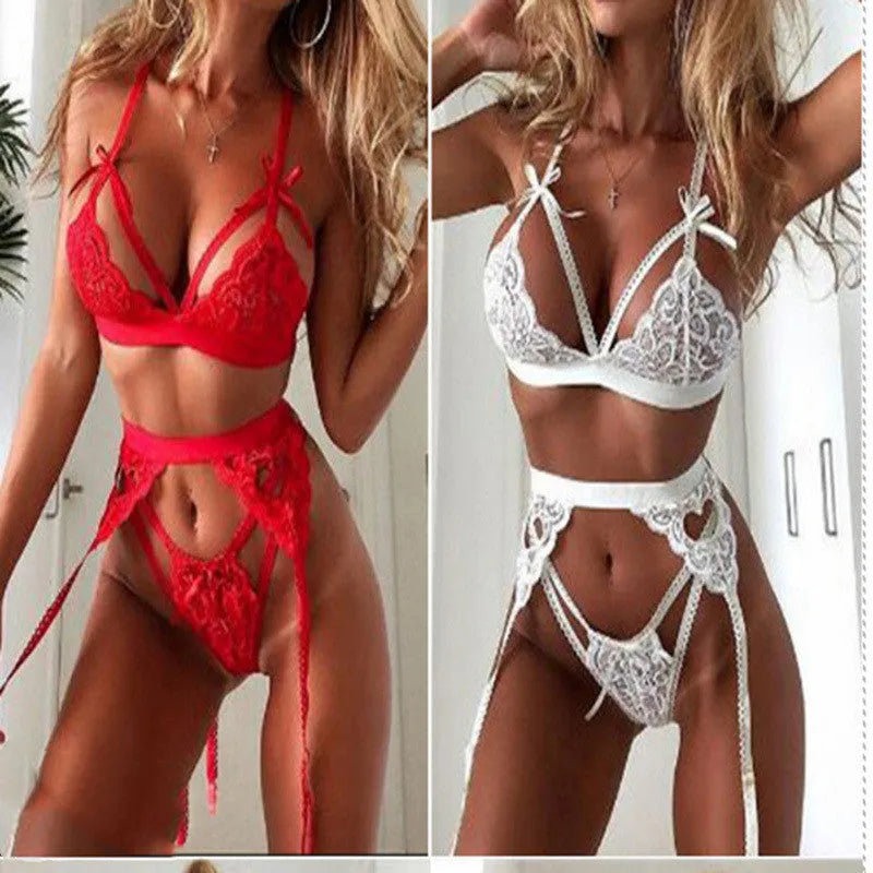 Red and white lace doll-style lingerie set for women, shown on a hanger.