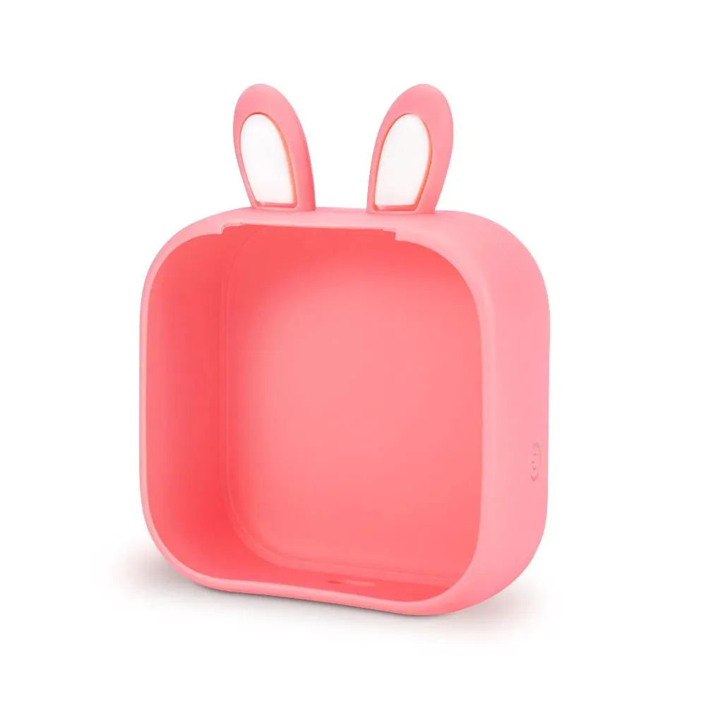 Mini thermal printer with rabbit ear protective case showing colour options including pink, green, white, blue, and yellow variants