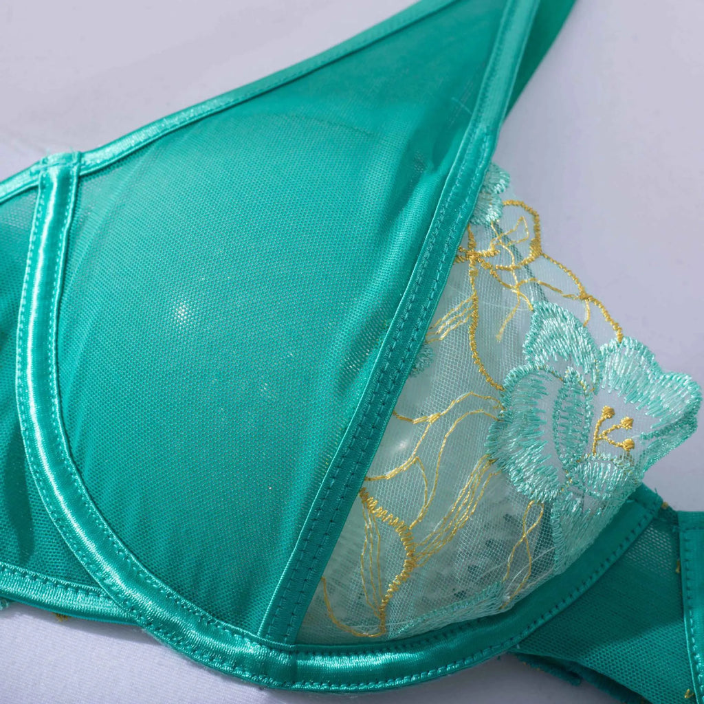 Light green women's embroidered bra set with bikini brief