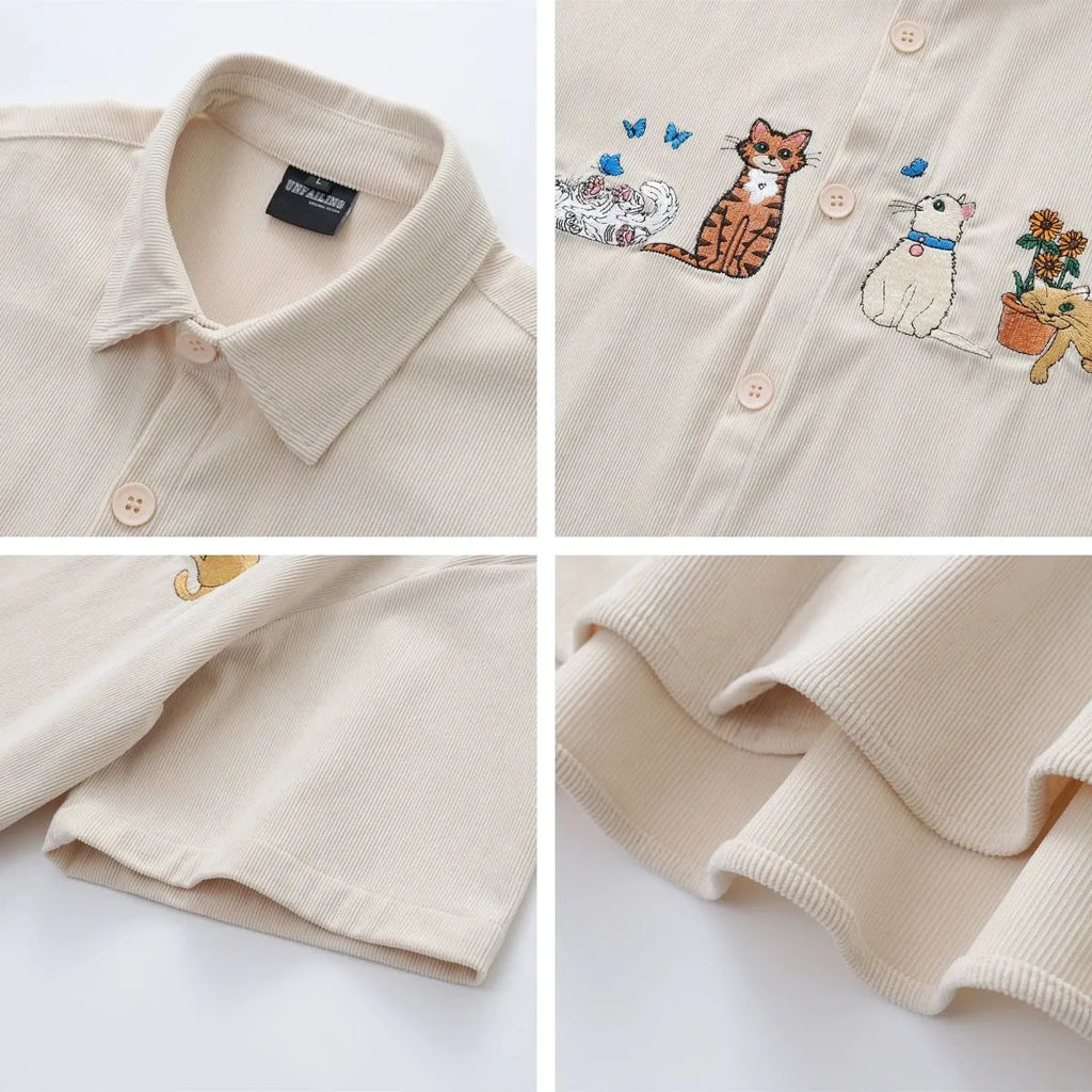 Cartoon embroidery loose couple shirt in polyester available in apricot, brown and black colours