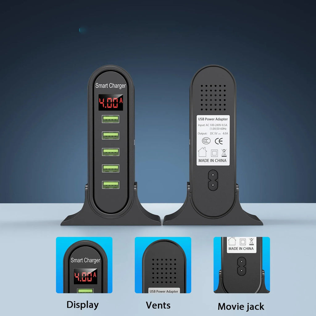 Smart LED digital display charger in black or white with USB interface and plug styles