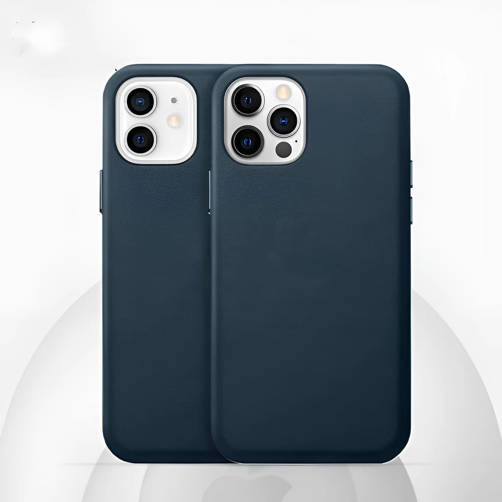 Real cowhide leather phone case for iPhone with magnetic vibration support in multiple solid colours.