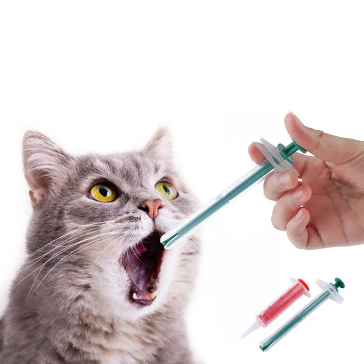 Cat pill shooter set with two soft-tip syringes for administering solid medications to small pets