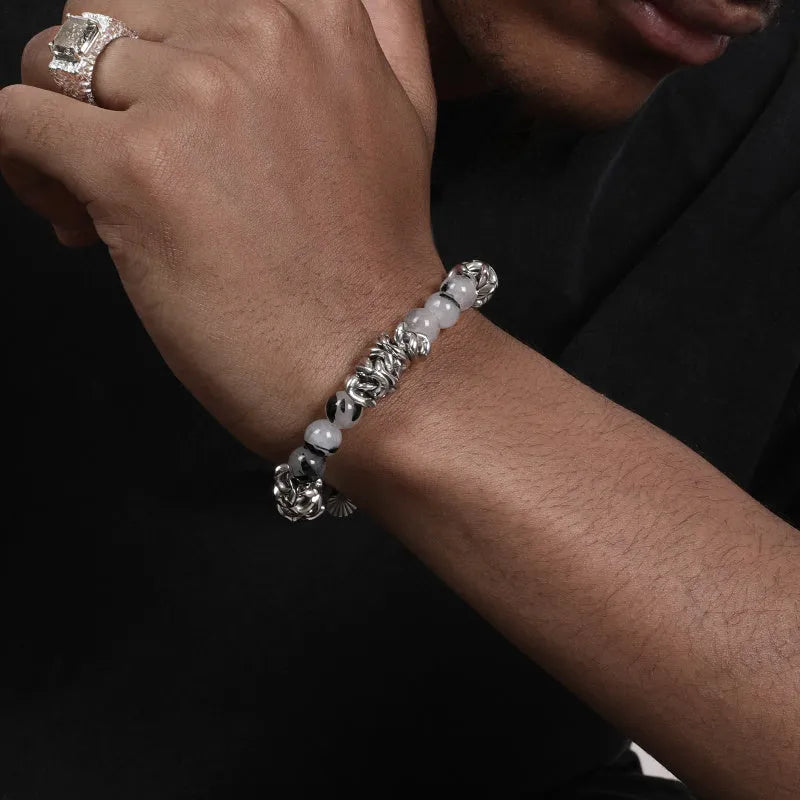 Hip hop black hair crystal bracelet with polished steel links, silver tone, 18cm plus 5cm extended chain