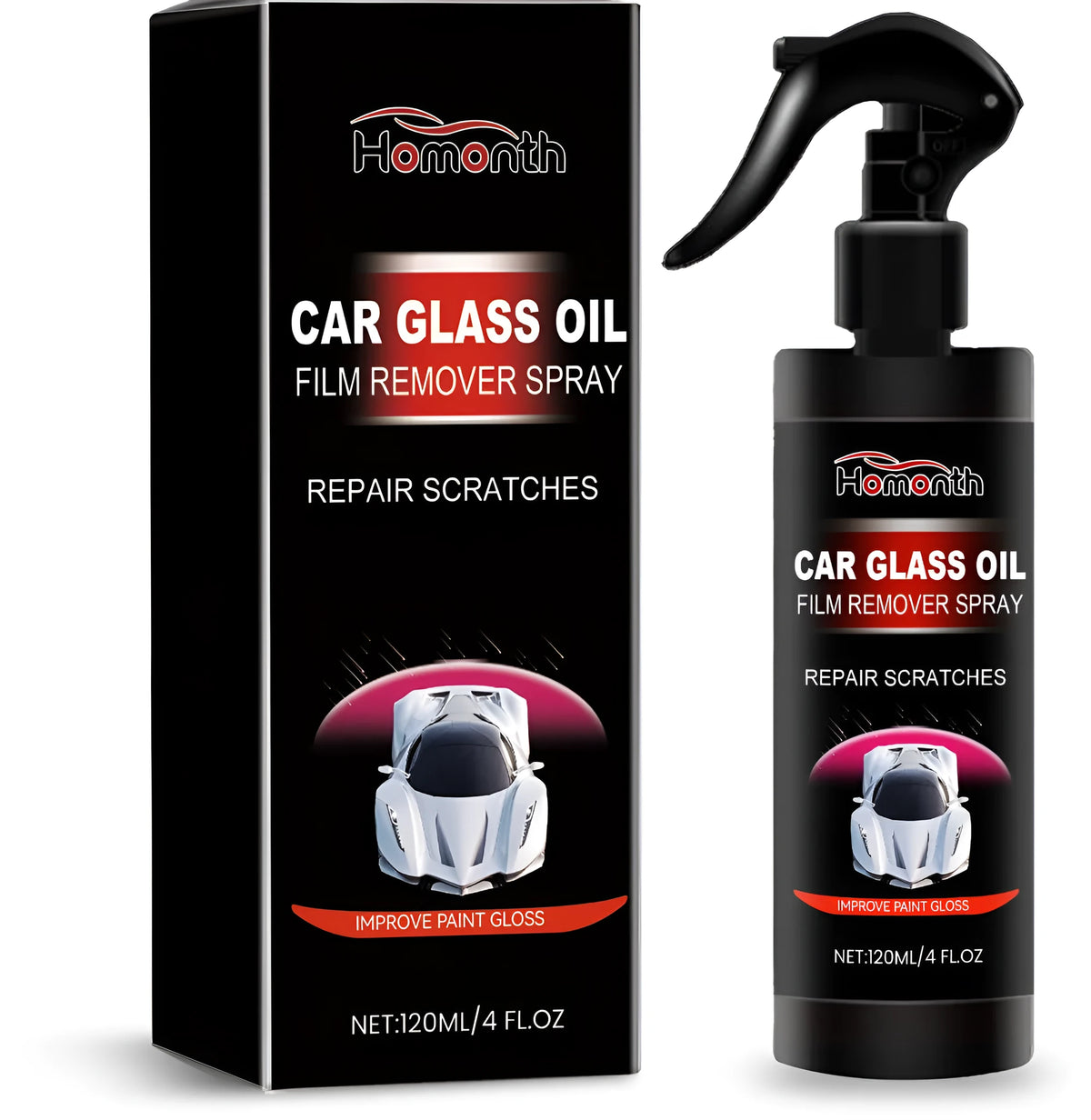 120ml car glass oil film remover spray in a PET bottle measuring 3.6x17.8cm