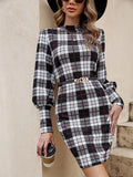 Black lantern sleeve tight dress with leather stitching details, mid-length design, shown on model