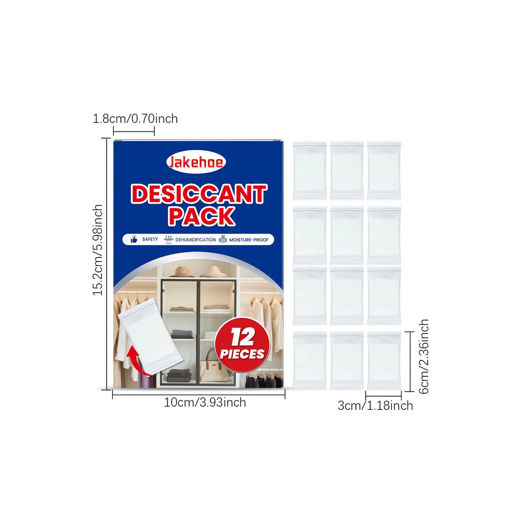 12-pack calcium chloride desiccant for household moisture absorption, each piece approx 10x7x2cm
