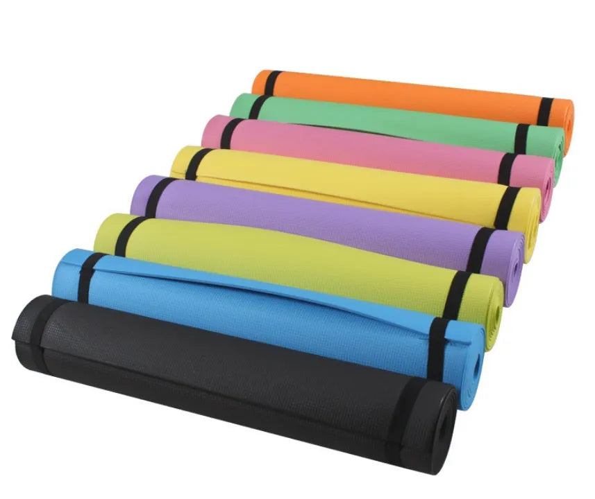 EVA yoga mat in blue with anti-skid surface, showing 173 cm length and 61 cm width dimensions