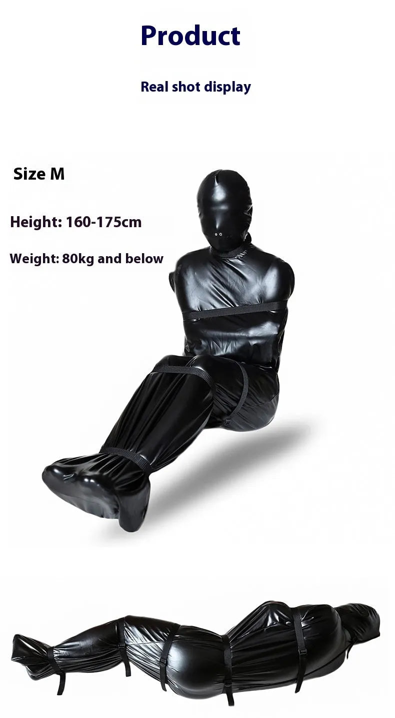 Black patent leather nostril clothing bondage set with six ratchet tie down straps
