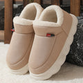 Winter plush cotton house shoes with soft velvet upper, suede lining, and thick rubber sole in solid colours.