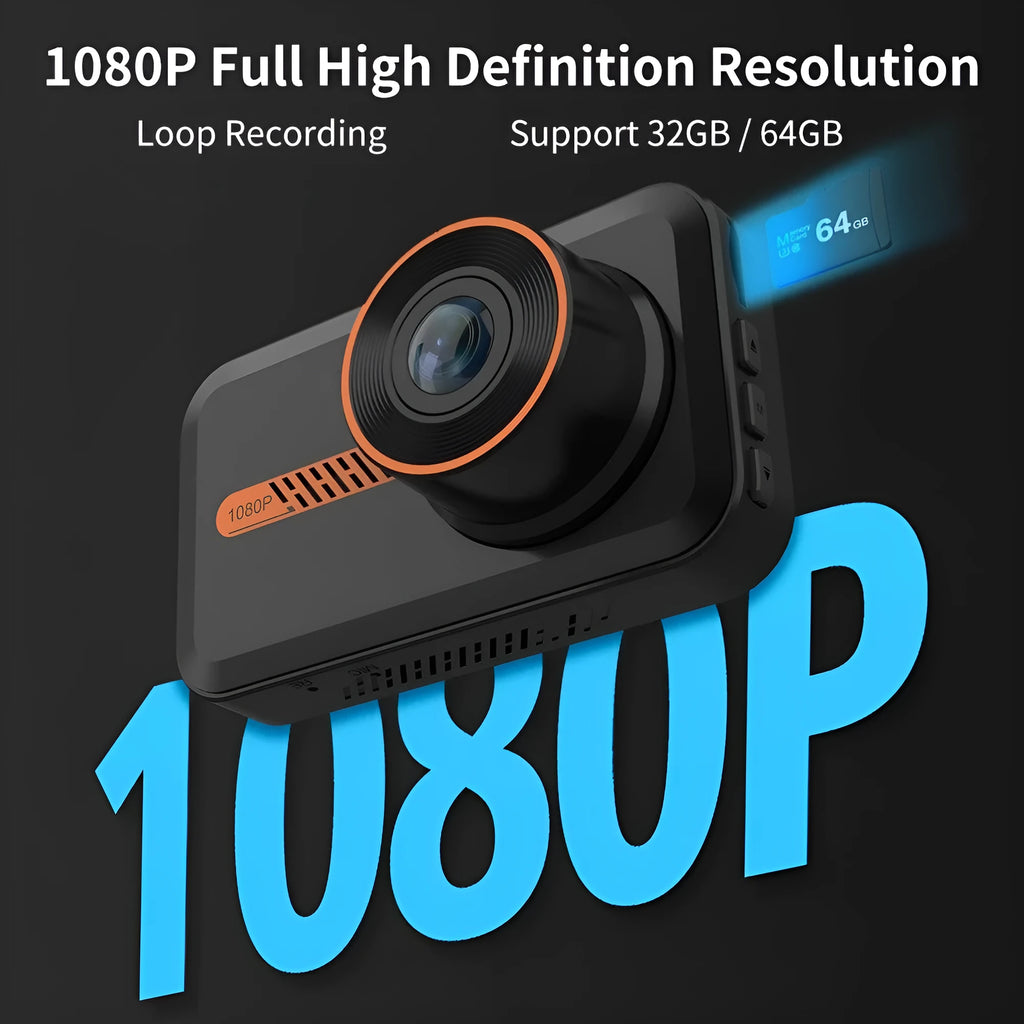 ThiEYE front and rear dash cam with 3-inch screen, suction cup mount, car charger, and waterproof rear camera