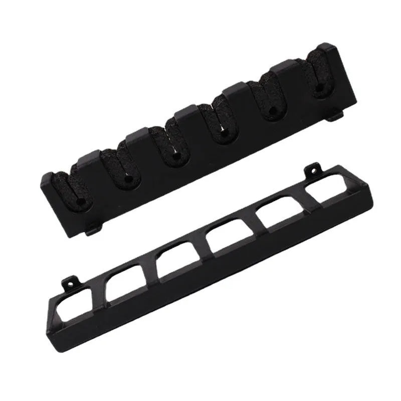Black ABS plastic wall-mounted fishing rod storage rack showing horizontal and upright mounting options