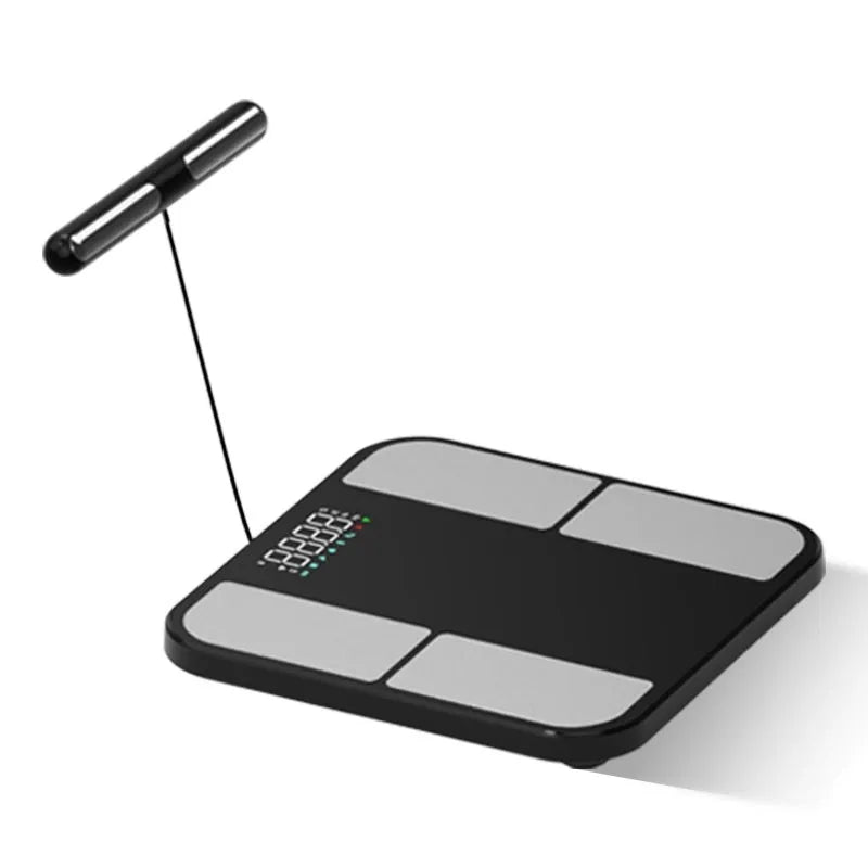 Black electronic weighing scale with 30x30cm tempered glass platform and 2-inch colour screen display