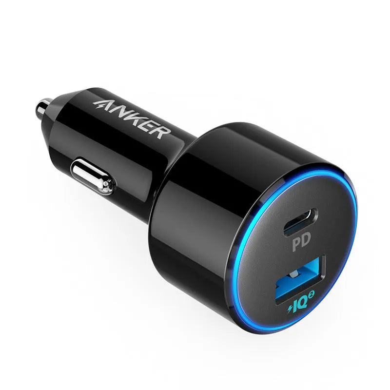 Dual-port car charger with 12-24V input, 5V-20V output, 3000mA current, 63 x 35 x 35mm, models A2229 and A2721