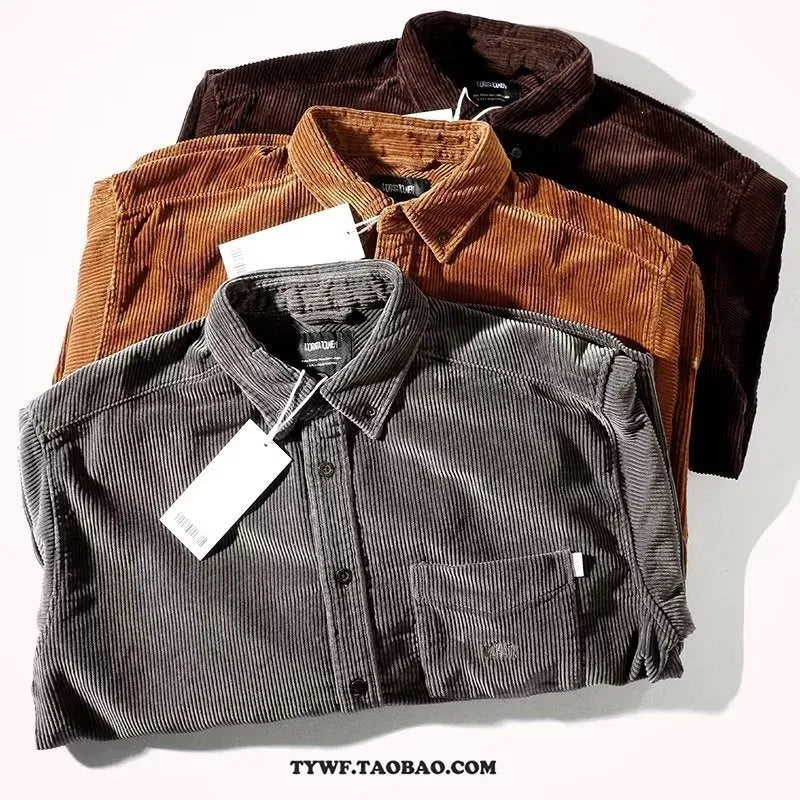 Long sleeve corduroy cardigan shirt in loose Hong Kong style, available in caramel and grey colours, sizes M to 2XL.