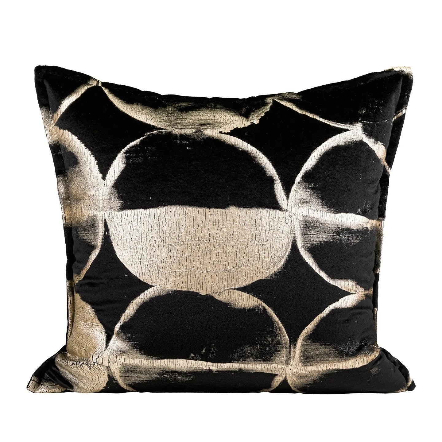 Black gold abstract pattern cushion with removable cover in three size options on furniture