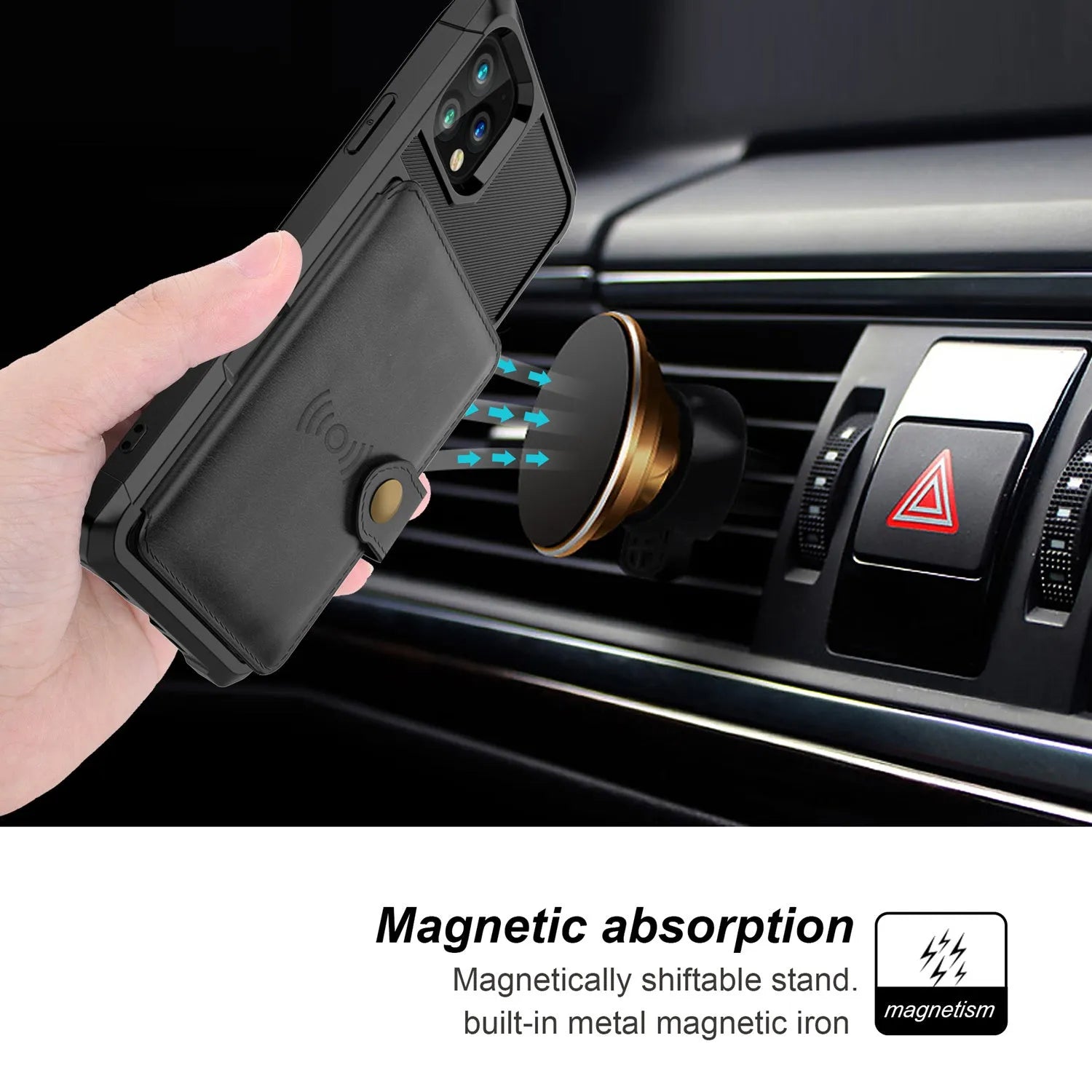Imitation leather iPhone case with card slots in back, shown in black, blue, green, pink, and red colours.