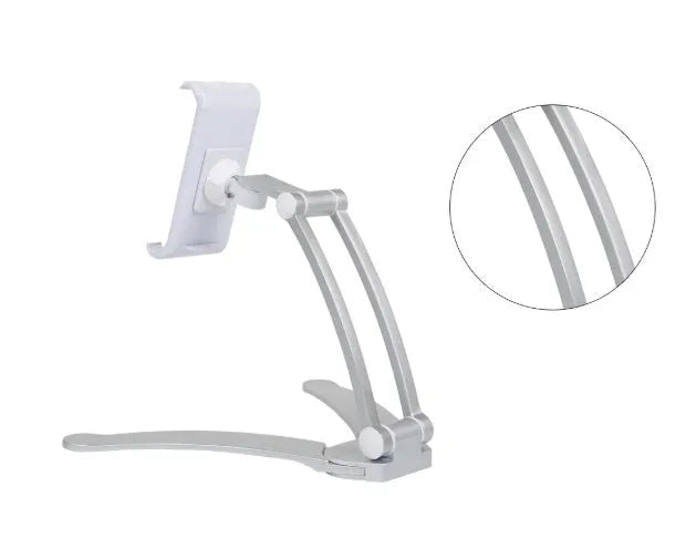 Aluminium alloy desktop tablet stand with adjustable clips and 360-degree rotation for tablets up to 10.5 inches