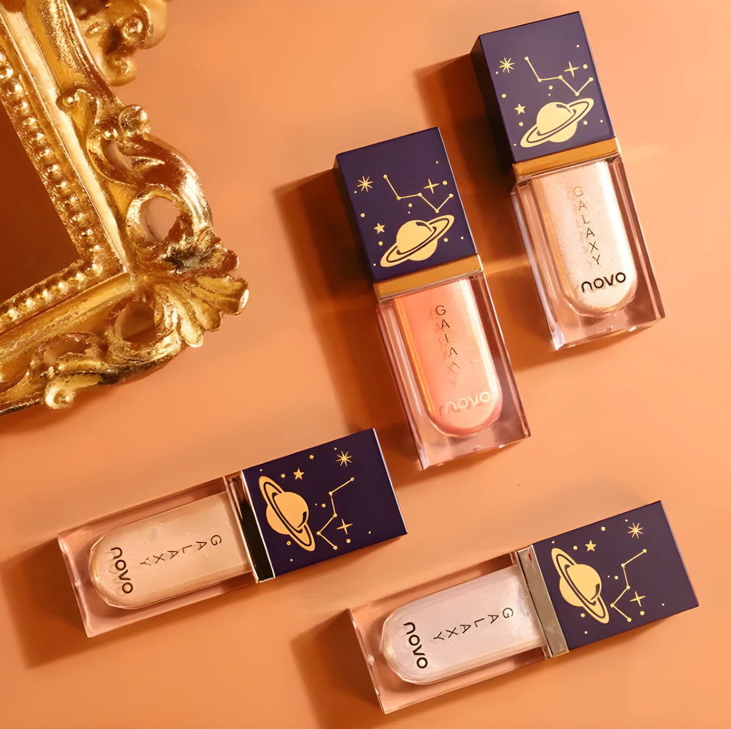 NOVO Stereo Shaping Liquid Eyeshadow 7ml bottle with glitter galaxy water-light finish and four shades