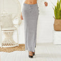 Slim-fit woolen skirt in black with split design and straps, mid-length cut, available in sizes S to XL