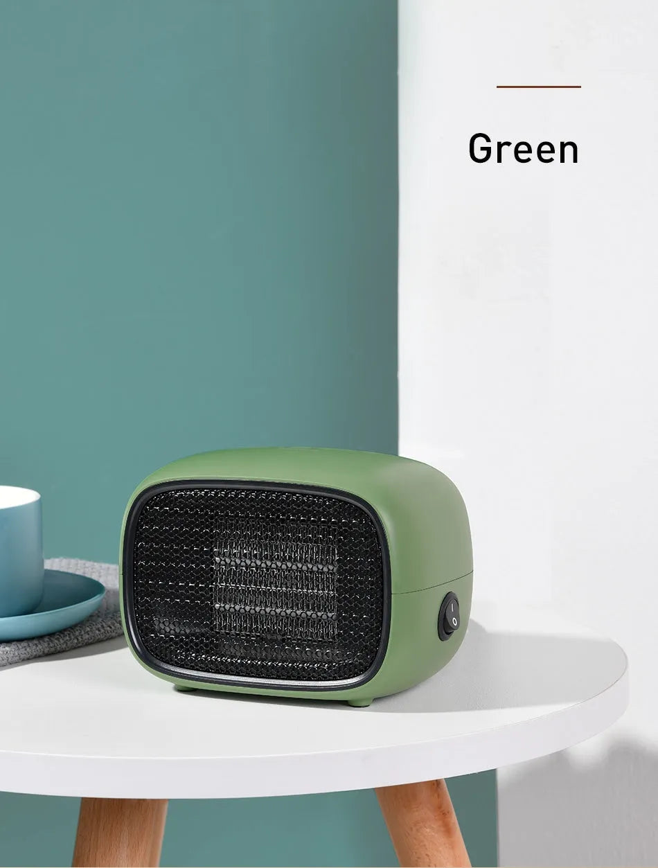 Mini home heater in green, white, or yellow with PTC ceramic heating, 500W power, and compact 158mm dimensions