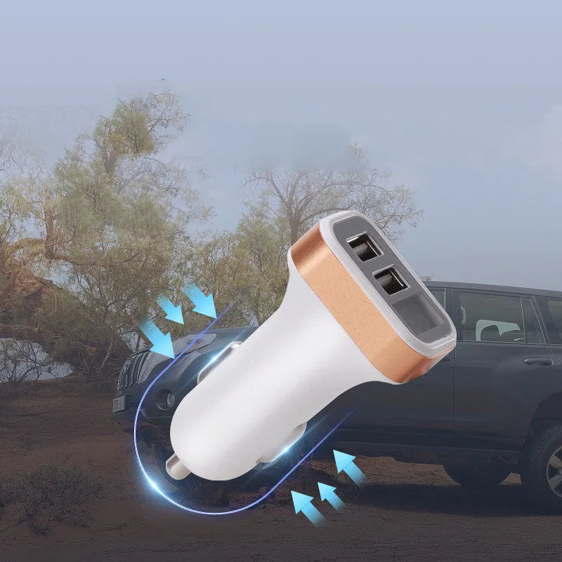 Gold digital display car charger showing voltage reading with USB port for device charging