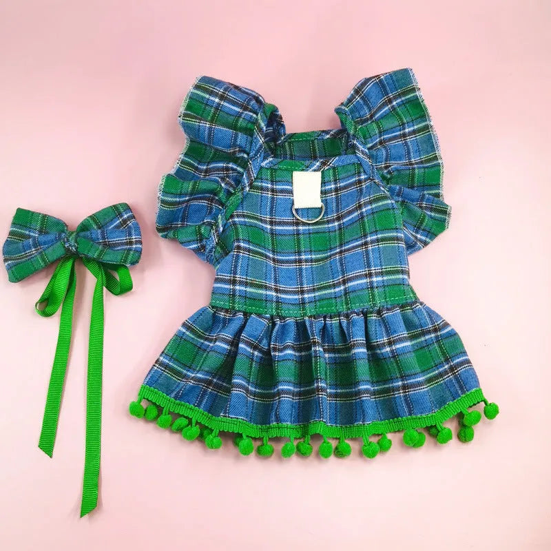 Red Christmas tartan pet skirt with matching bow tie and head flower accessories