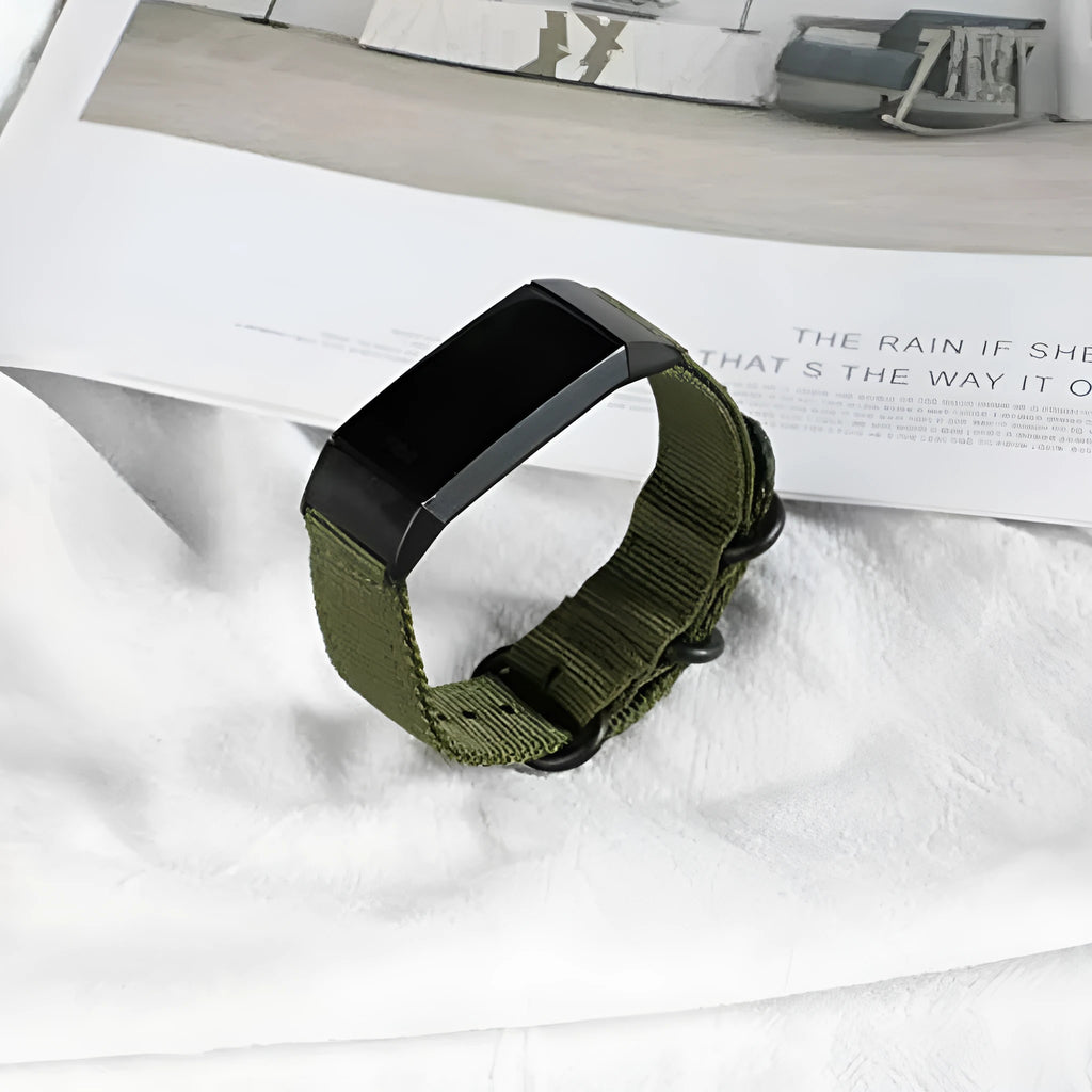 Army Green nylon three-ring buckle strap for Fitbit Charge 3 and Charge 4 fitness tracker.