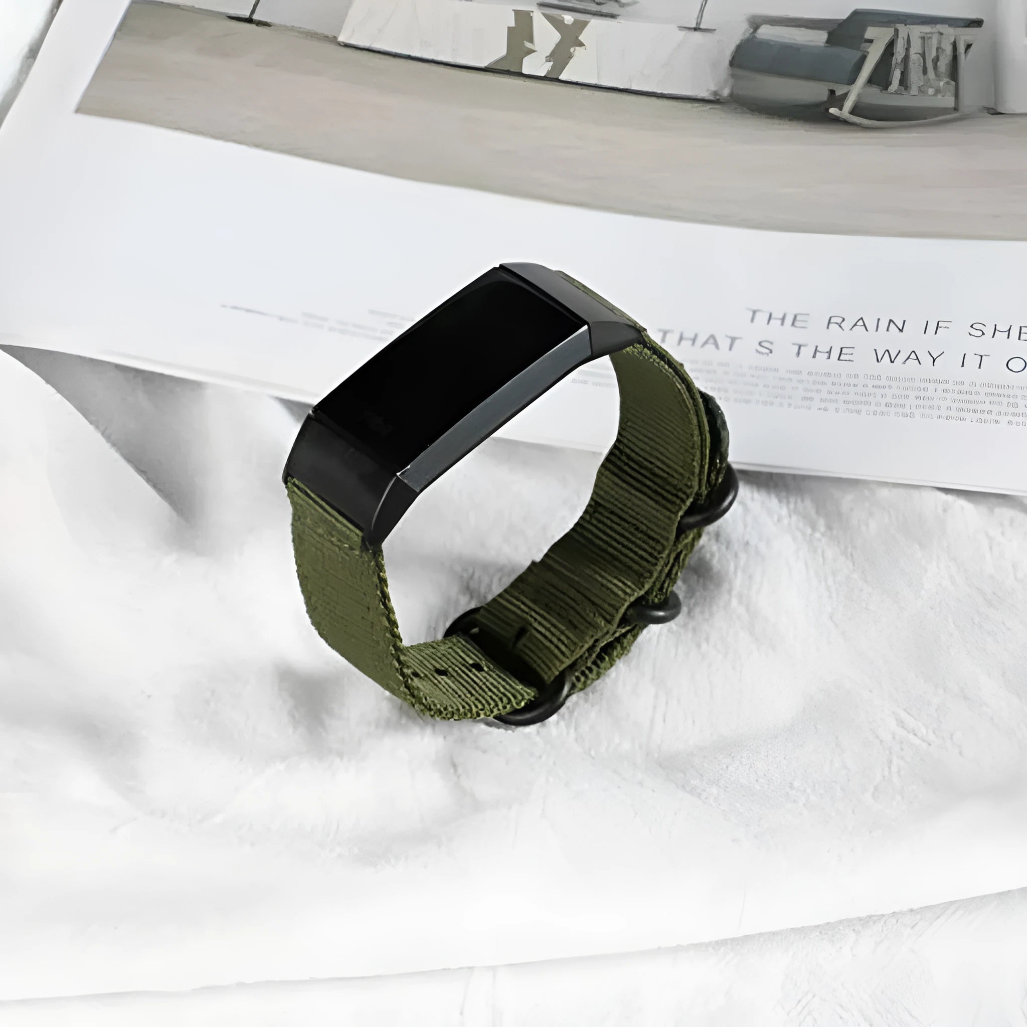 Army Green nylon three-ring buckle strap for Fitbit Charge 3 and Charge 4 fitness tracker.
