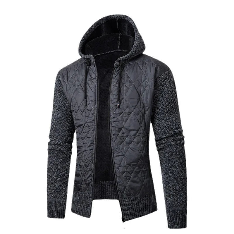 Men's grey hooded sweater coat with cinched style, wool and corduroy fabric, for winter leisure wear.