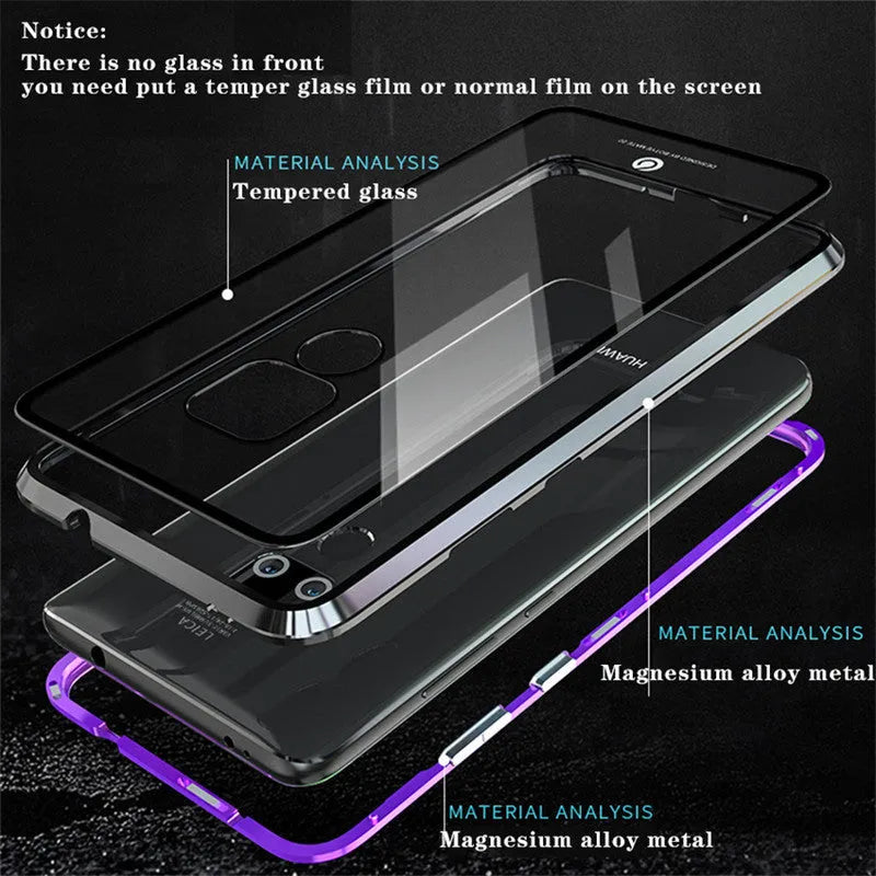 Magnetic phone case with 9H tempered glass back and metal frame in black, blue, red, or white for Huawei Honor phones