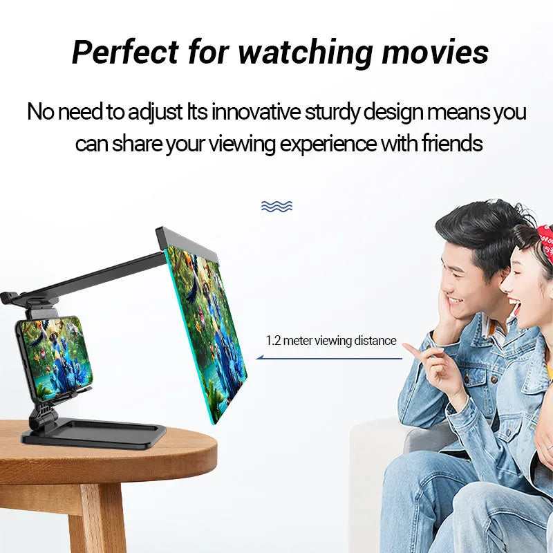 Black 12-inch mobile phone screen amplifier with detachable magnifier and phone holder in folded position