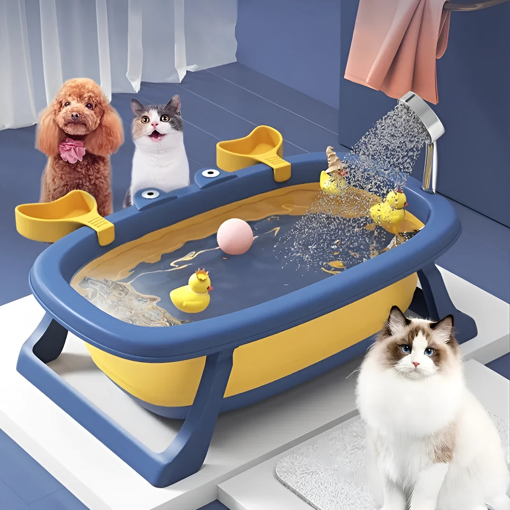 Blue foldable plastic pet bathing tub for small dogs and cats, shown in use and folded for storage.