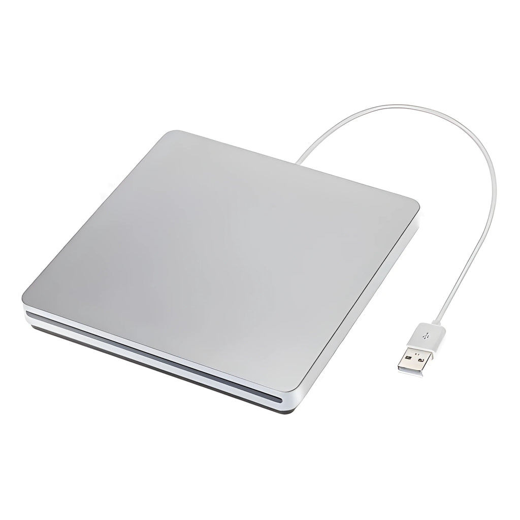 Silver external USB CD/DVD drive, 13.7 x 13.4 x 1.7 cm, for Mac OS and Windows