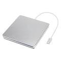 Silver external USB CD/DVD drive, 13.7 x 13.4 x 1.7 cm, for Mac OS and Windows