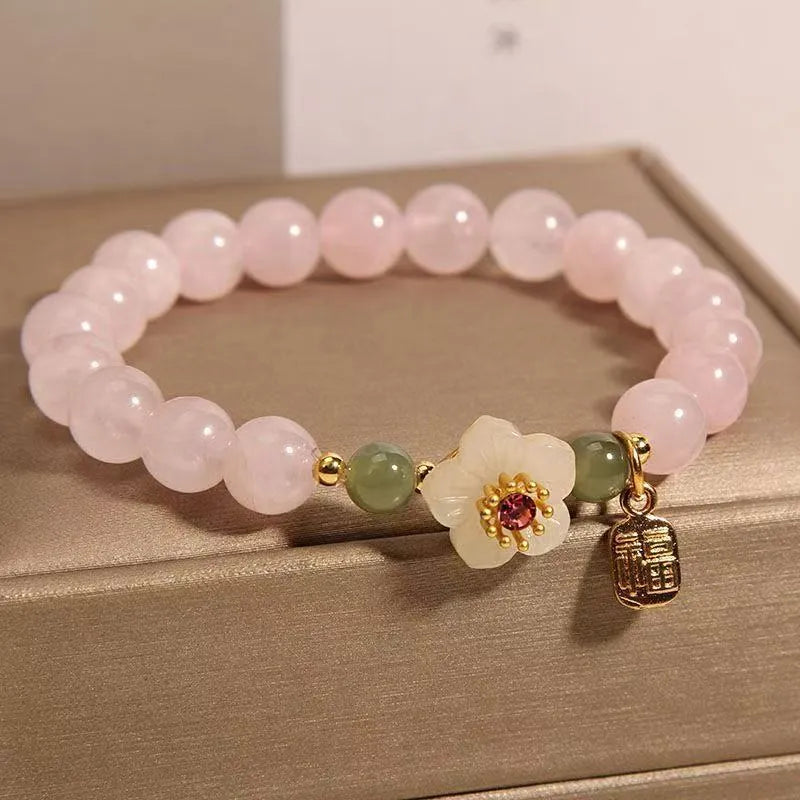 Crystal and Hetian jade beaded bracelet with peach blossom and camellia pastoral design in blessing card colour