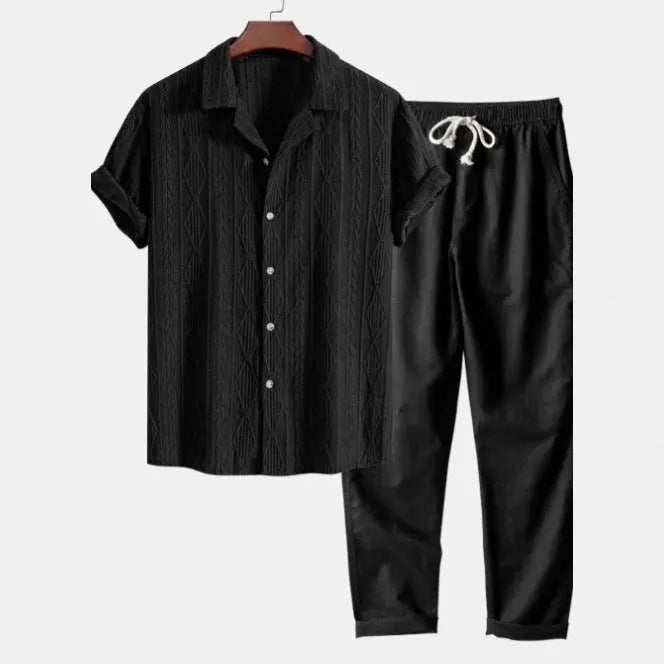 Camouflage print short-sleeved shirt and trousers suit with cardigan lapel, slim fit, and thin linen fabric for leisure wear