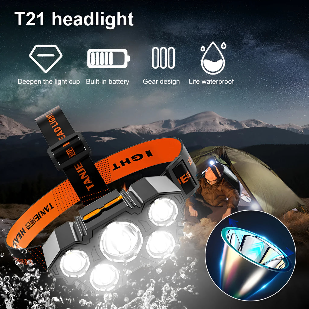 Rechargeable five head LED fishing headlamp with USB charging, 4500 lumens and 180-degree adjustable head