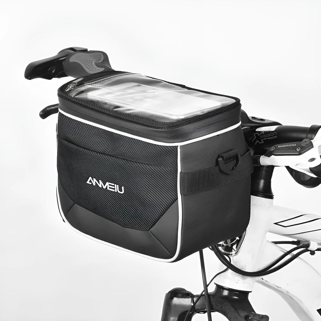 Black 7-inch polyester bicycle handlebar bag with hanging loop for scooter or cycling storage