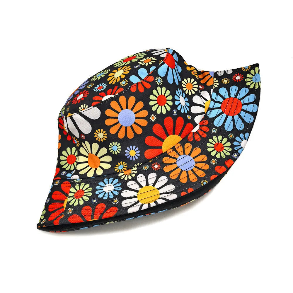 Floral print polyester bucket hat with dome crown on white background