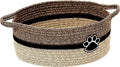 Small woven cotton rope storage basket with wooden handle in light beige, measuring 34x26x15cm, on a shelf with toys